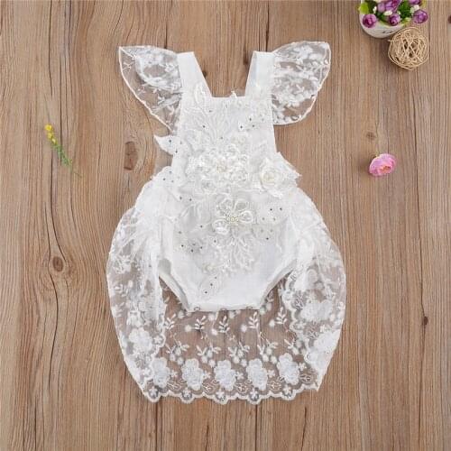 Baby Girls Lace 3D Flower Embroidery Pearl Sweet Princess Romper, White Square Collar Falbala Flying Sleeve Jumpsuit