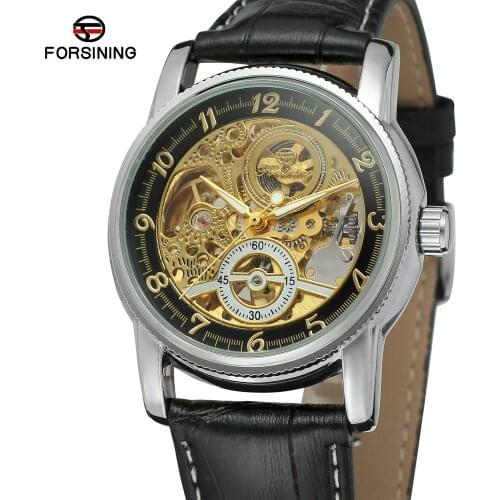 Fashion Forsining Hollow Engraving Skeleton Casual Designer Black Golden Case Gear Bezel Men Luxury Brand Automatic Wrist Watch