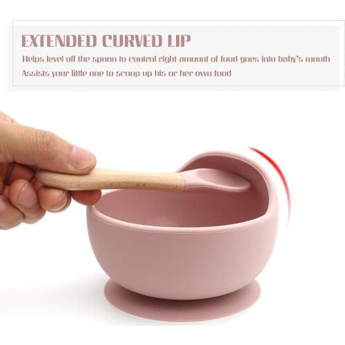 26 Color Silicone Baby Feeding Bowl Spoon Set Wooden Baby Learning Dishes Tableware Suction Bowl Set Wood Spoon Non Slip