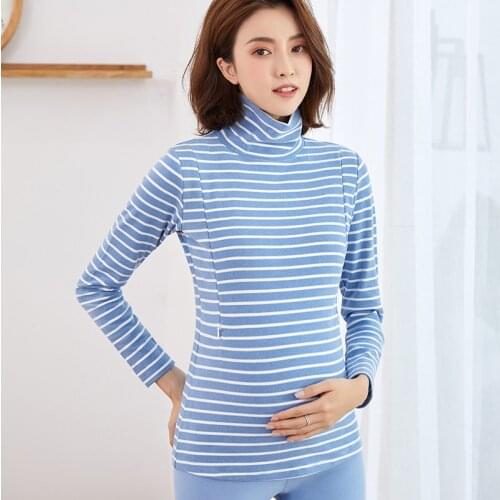 2020 New Maternity Clothes Turtleneck Striped Plus Velvet Thickening Nursing Tops Breastfeeding Full Maternity Tops