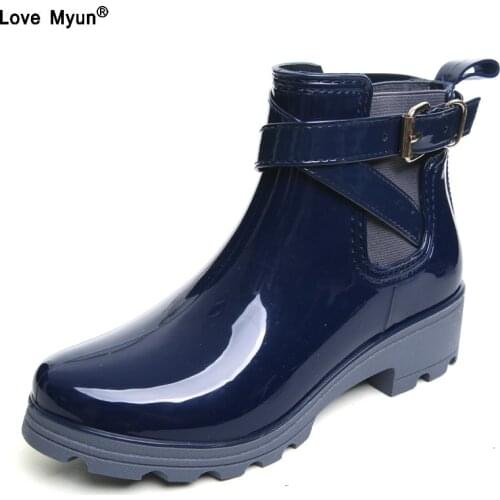New Rain Boots Warm Buckle Platform Slip On Pvc Waterproof Motorcycle Bowtie Ankle Flat With Woman Shoes 433