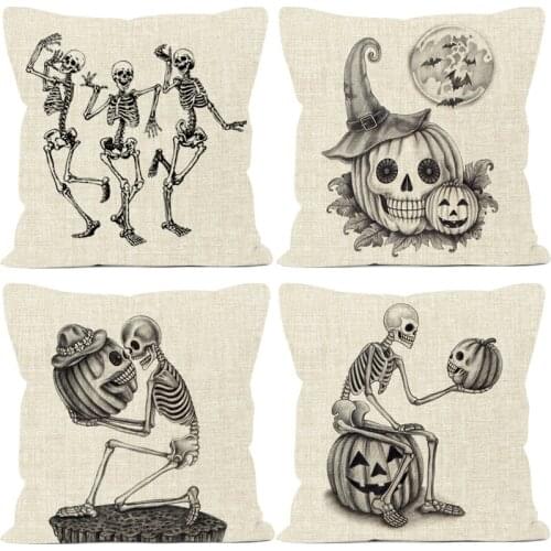 Halloween Pillow Skull Pumpkin Hug Pillowcase Imitation Hemp Skull Series Creative Sofa Cushion Pillowcase