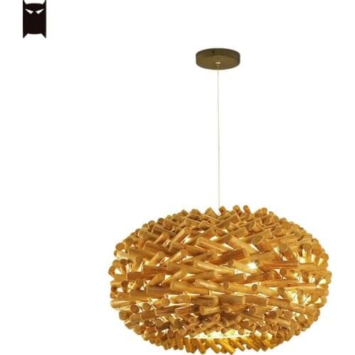 Natural Solid Wood Bird Nest Pendant Light Fixture Vintage Rustic Country Art Decorative Style Hanging Ceiling Lamp Farmhouse