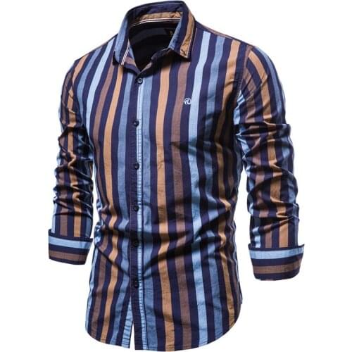 Spring 100% Cotton Striped Shirt Men Casual Slim Fit Vogue Mens Dress Shirts Long-sleeved Quality Business Social Mens Shirt