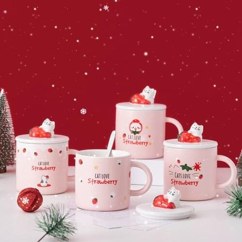 Strawberry Cat Christmas Mug Cute Cartoon Animal Ceramic Water Bottle with Cover Spoon Holiday Hand Drawn Breakfast Coffee Cup
