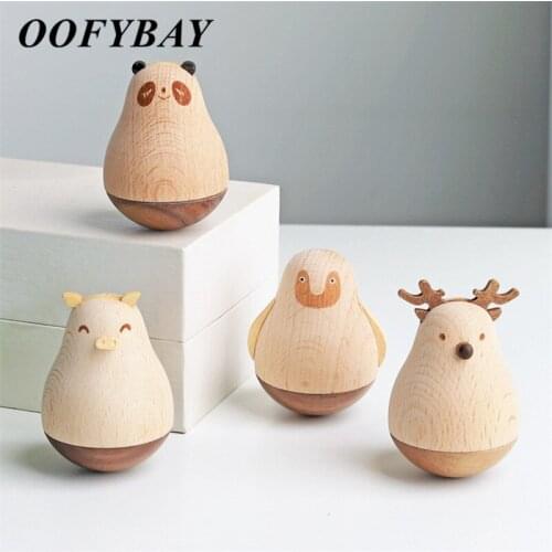 Nordic Wooden Cute Cartoon Elk Panda Tumbler Home Decoration Ornaments Office Desktop Decompression Toy Small Animal Statue