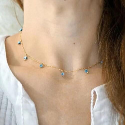 Golden Stainless Steel Chain Charm Necklace Blue Eyes Beaded Pendant Ladies Fashion Accessories Necklace Anklet Dual Use