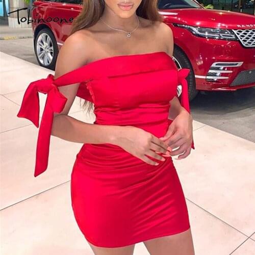 Tobinoone Sexy club backless dress women Lace up bow retro short party dress Off shoulder bodycon prom sleeveless red dress