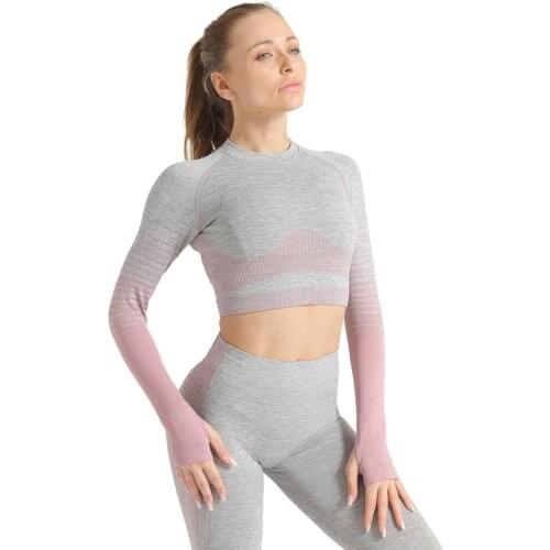 Seamless Yoga Shirts Gym Workout Crop Top Women Slim Fit Striped Fitness Sports Long Sleeved Shirts
