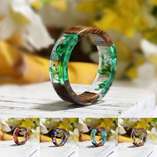 Vintage Wooden Resin Ring Women Men Fashion Colorful Stone Inside Engagement Rings Creative Handmade Finger Decor Jewelry Gift