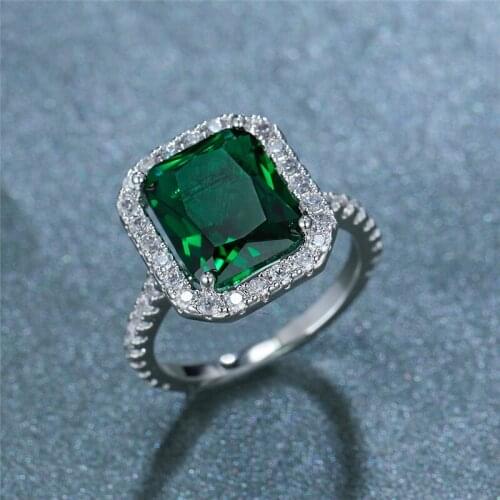Vintage Female Blue Green Crystal Ring Cute Bridal Big Square Stone Engagement Ring Vintage Silver Color Wedding Rings For Women