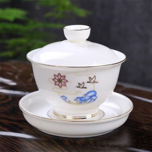 Ceramic Tea Bowl Creative White Porcelain Large Phnom Penh Tea Bowl with Cover Kung Fu Gaiwan Tea Set Office Dinkware Teacup