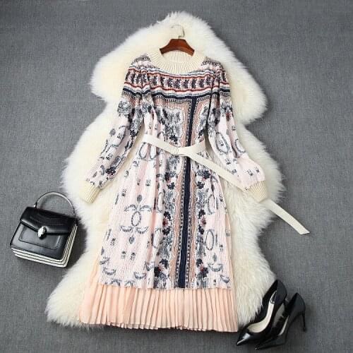 European and American womens clothing 2020 autumn new style Long sleeve lantern sleeve Print pleated fashion pink dress