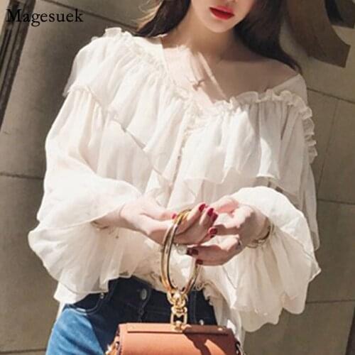 V-neck Sexy See Through Women Shirts Korean Boho Mesh Summer Blouse Ruffles Flare Long Sleeve Elegant Ladies Tops Blusas 13459
