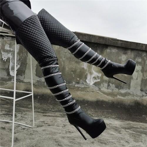 Big Size 52 Sexy Woman Black Leather Platform Chains Over The Knee Boots Super High Heels Round Toe Night Club Botas De Mujer