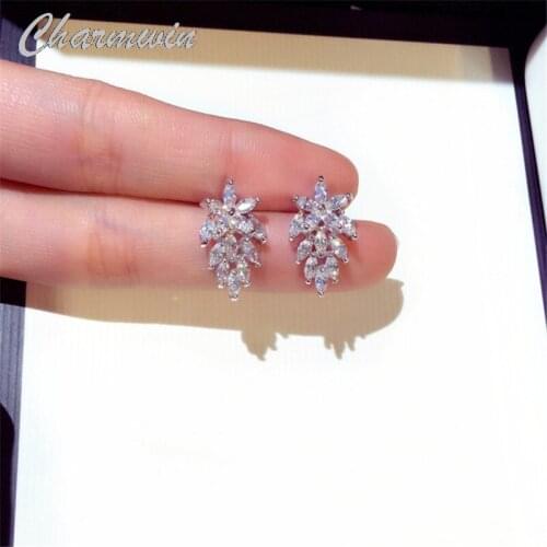 New Fashion Silver Color Stud Earrings Women Earrings Korean Rhinestones Leaves Earrings Jewelry Female