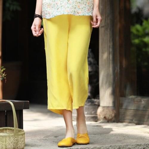 Women Cupro Elastic Waist Wide Leg Pants Ladies loose Solid Color Vintage Soft Fabric Trousers Summer Female Pants 2018