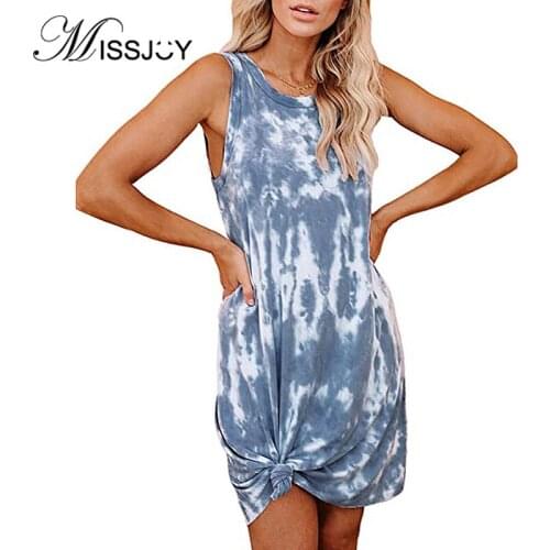 MISSJOY 2020 Summer Dress Women Tie Dyed Printed Beach Daily Loose Veat Dresses Girls Vestidos Clothing O-Neck Pink Blue Casual