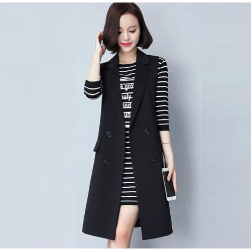 Women Black Vest Sleeveless Waistcoat Spring Autumn Mid-Long New Jacket Large Size Slim Slimming Suit Cardigan Outwear Female