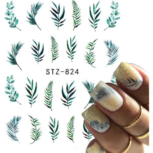 1/4 Pcs Simple Green Theme Nail Water Decal Stickers Summer DIY Slider For Manicuring Watercolor Flower Leaf Nail Art Watermark