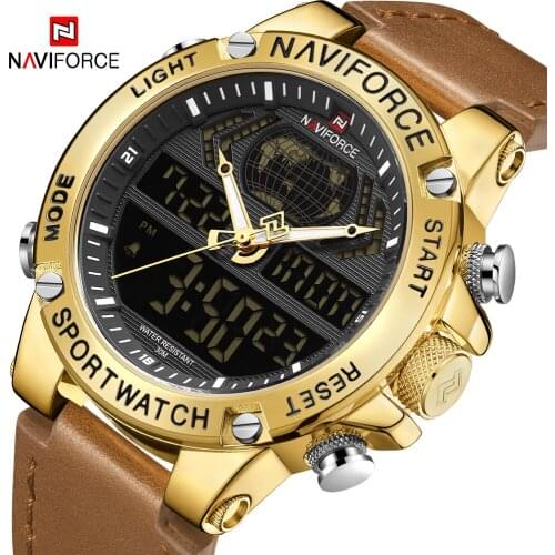 9164 NAVIFORCE New Mens Fashion Sport Watch Brown Genuine Leather Waterproof Quartz Watches Male Digital Analog LED Clock Gift