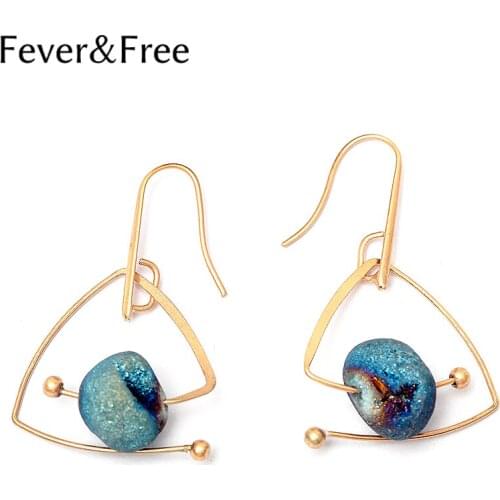 Fever&Free Unique Alloy Triangle Natural Star Stone Drop Earrings Trending Style Woman Dangle Earrings Handmade Fashion Jewelry