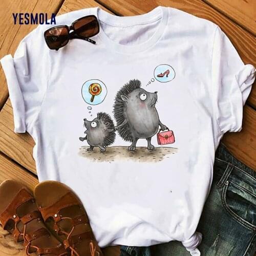 YESMOLA Women Hedgehog with Dandelion Spring Summer Tee Shirt Easy Matching Women Crewneck Tshirt Female Oversized T Shirt