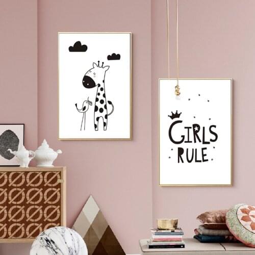 Girls Rule Giraffe Canvas Painting Nursery Decor Black White Minimalist Nordic Posters Wall Art Picture for Kids Rooms Unframed