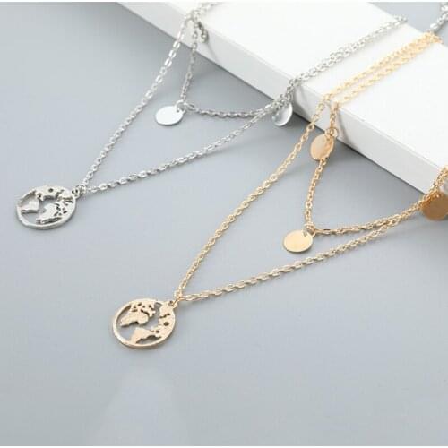Fashion Gold Color Globe Earth World Map Pendant Necklace Simple Layered Necklace Wanderlust Travel Necklaces Jewelry