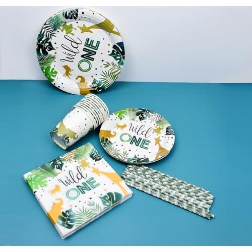 1set Wild One Disposable Tableware Set Baby Shower First Birthday Boy Party Decoration Anomal Theme Jungle Safari Party Favors