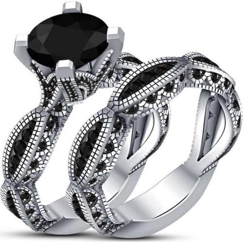 Size 6-10 Vintage Jewelry 925 Sterling Silver&Black Gold Fill Round Cut Sapphire CZ Diamond Party Women Wedding Bridal Ring Set