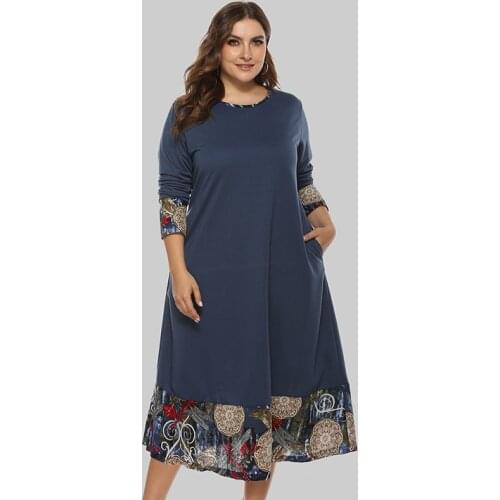 2021 Summer New Plus Size Womens Mid-Length Ethnic Style Loose Round Neck Stitching Long-Sleeved Dress