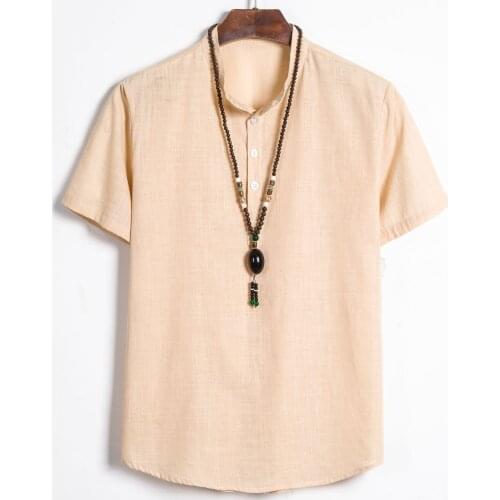 Solid Mens Shirt 2021 New Linen Short Sleeve Shirts Men Loose Breathable Casual Camisas Stand Collar Plus Size Chemise Homme