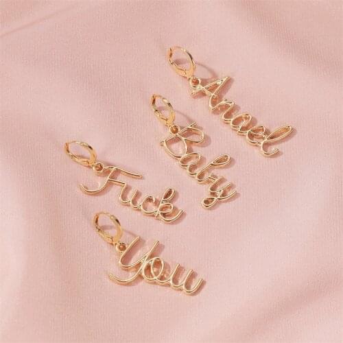 Golden Simple Letter Angel Baby You Asymmetrical Alloy Glossy Geometry Irregular Dangle Earrings & Drop Earrings for Women