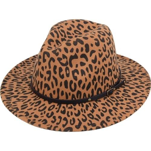 Men Women Leopard Wide Big Brim Wool Felt Fedora Panama With Belt Buckle Jazz Retro Cap Party Formal Hats Gorras