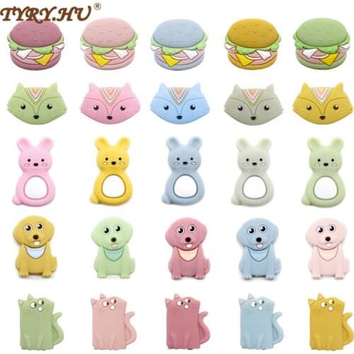 TYRY.HU 20pcs Mini Silicone Beads Hamburger/Fox/Rabbit/Puppy/Cat Teething BPA Free DIY Infant Nursing Pacifier Chain Food Grade
