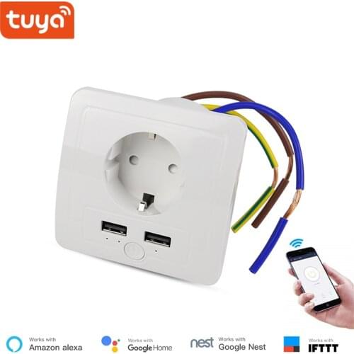 Alexa Compatible EU Wall WiFi Socket 2 USB Charging Ports 15A Smart Socket Smart Life App Remote Control Smart Outlet IFTTT