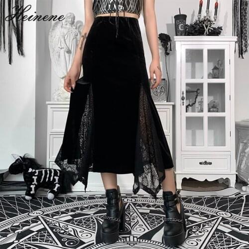 Heinene Goth Y2K Vintage Black Long Skirt Aesthetic Elegant Lace Patchwork Velvet Skirt Gothic Sexy Hight Wait Slit Party Skirt