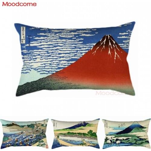 World Famous Japan Art 36 Views Of Fuji Mount Ukiyoe Hukosais Wood Painting Cotton Linen Rectangle Waist Pillow Cushion Cover