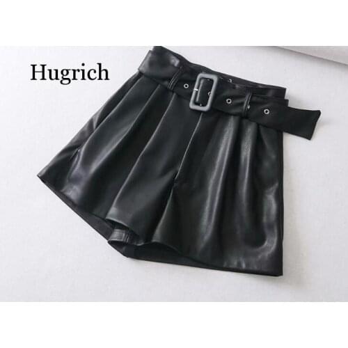 Women Black Orange Color Pu Leather High Waist with Belt Wide Leg Faux Leather Shorts Winter Loose Pu Shorts