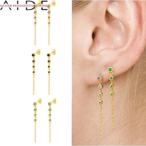 AIDE Pendientes Plata 925 Sterling Silver Chain Stud Earrings For Women Green Black Purple Zircon Tassel Earrings Korean Aretes