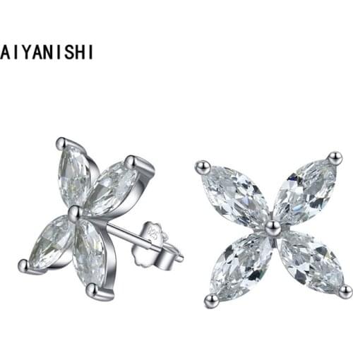 AIYANISHI Vintage 925 Sterling Silver Stud Earrings New Woman Fashion Jewelry Flower Leaves Sona Diamond Hot Selling Earrings