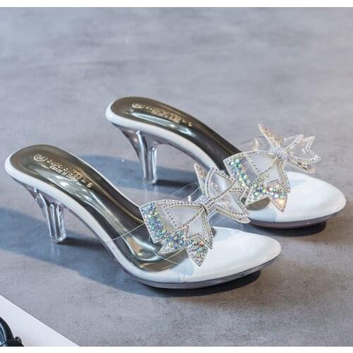 2020 PVC HOT Female Slipper Shoes Butterfly-knot Women Shoes Transparent High Heels 6.5CM Summer Peep Toe Crystal Women Slipper