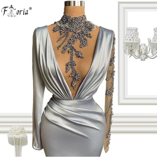 Exquisited Silver Satin Evening dress 2021 Crystal Beading Formal African Women Prom Gowns With Side Slit Vestidos De Fiesta