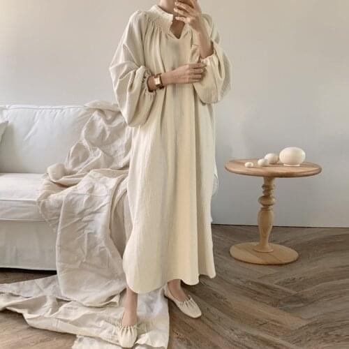 Johnature New Korean V-neck Loose Simple Women Dresses 2021 Spring Solid Color Lantern Sleeve Dress