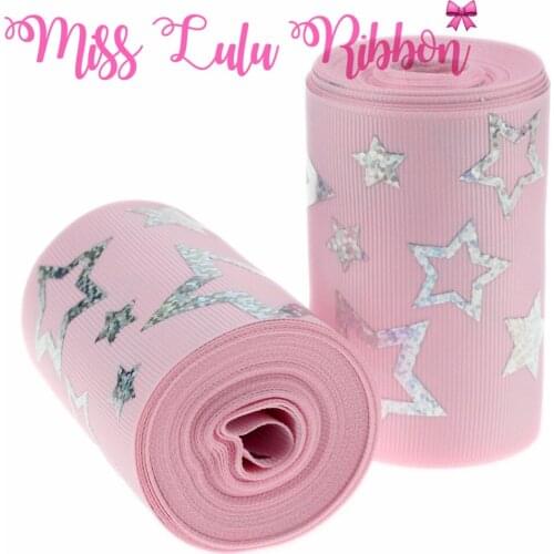 3"75mm Star Hologram Silver Foil Solid Color Grosgrain Ribbon DIY Gift Bowknots Hair Band Making 5yards/roll #123