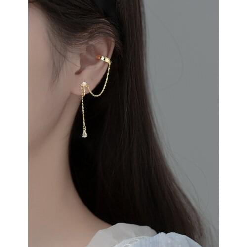 100% Real. 925 Sterling Silver Waterdrop CZ Ear-bone Clip Cuff Earrings Piercing Long Charms C-G9852