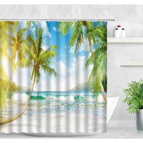 3D Tropical Island Scenery Shower Curtain Set Sunshine Palm Trees Ocean Beach Pattern Modern Waterproof Bathroom Decor Curtains