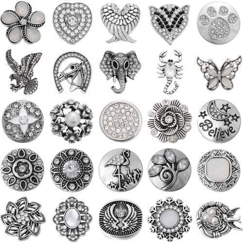 5pcs/lot Fashion Snap Jewelry White Rhinestone Animal Plant 18mm Snap Buttons Fit 18mm Snap Button Necklace for Women
