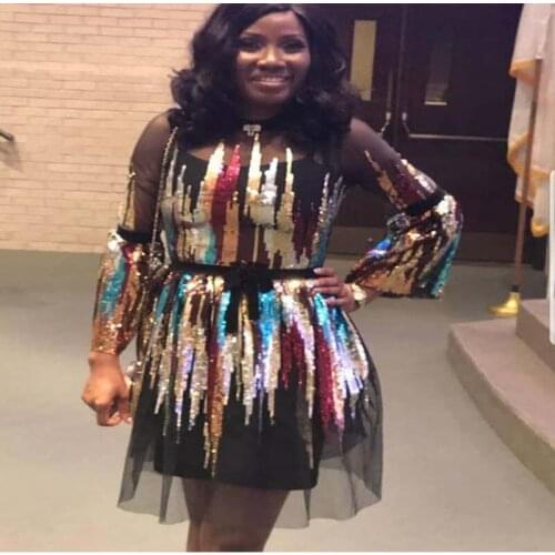 African Clothes Sequins Mesh Dress Women O-Neck Knee Length Flare Sleeve Patchwork Mesh Dress Evening Dress Partyclub